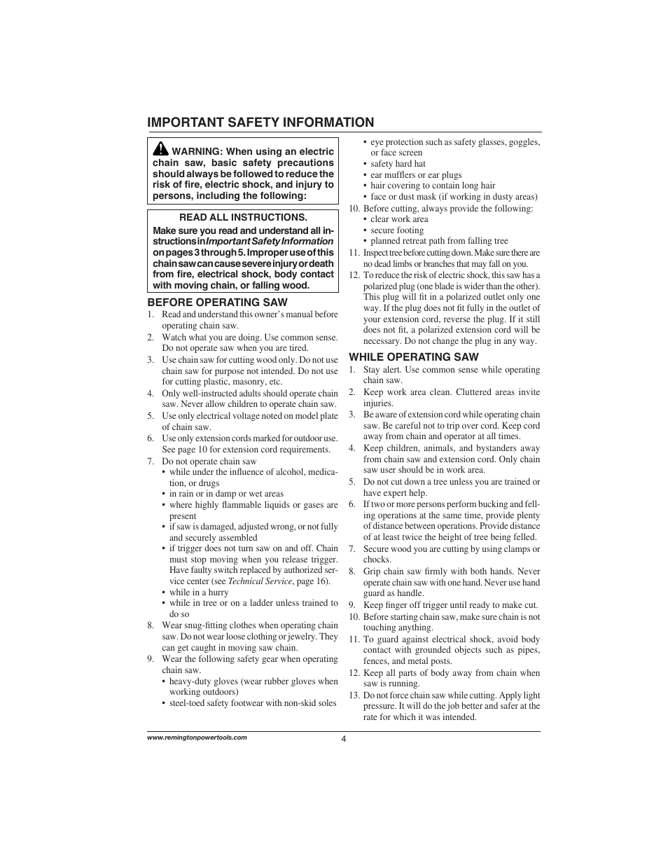 Important safety information | Remington Power Tools 111174-01 User Manual | Page 4 / 29