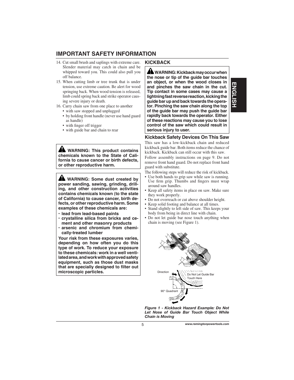 English, Important safety information | Remington Power Tools 111174-01 User Manual | Page 5 / 29