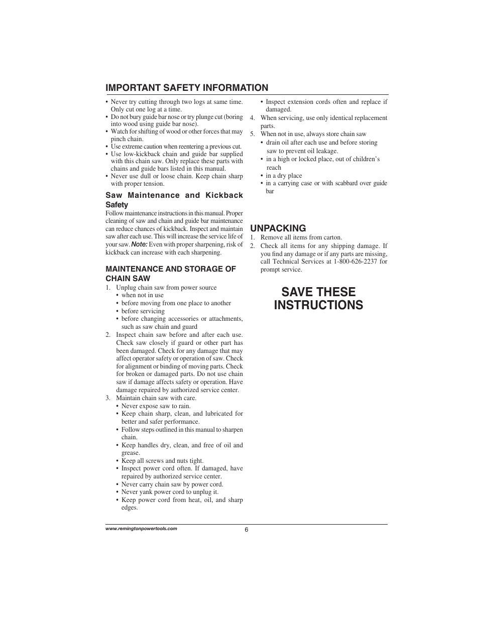 Save these instructions, Important safety information, Unpacking | Remington Power Tools 111174-01 User Manual | Page 6 / 29