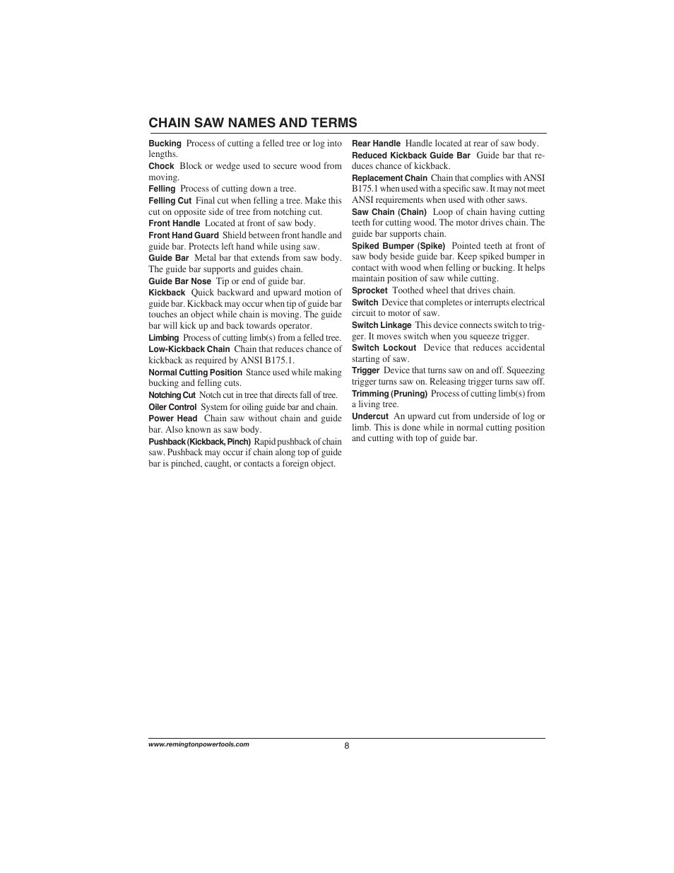 Chain saw names and terms | Remington Power Tools 111174-01 User Manual | Page 8 / 29