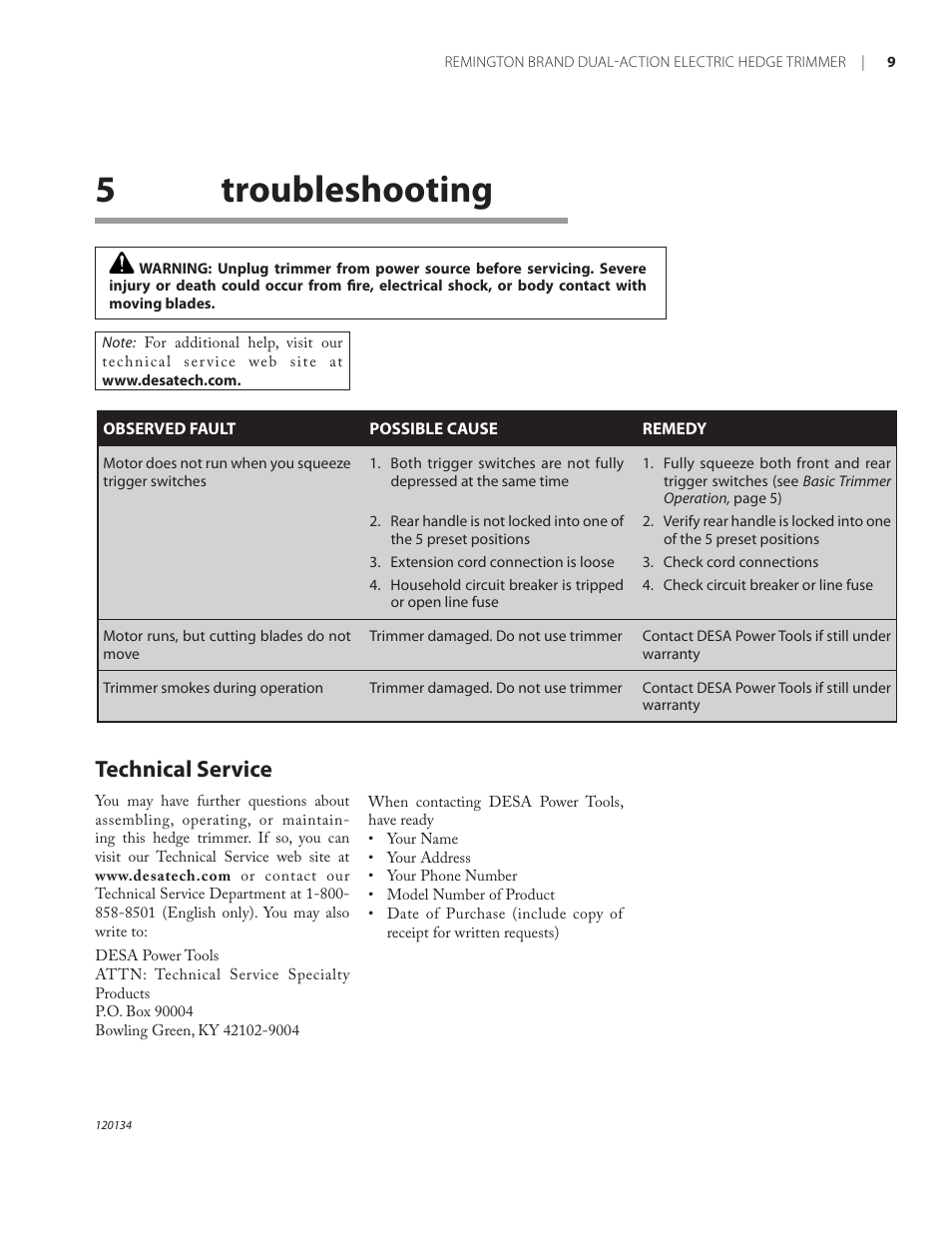 5troubleshooting, Technical service | Remington Power Tools HT5024PHT User Manual | Page 13 / 40