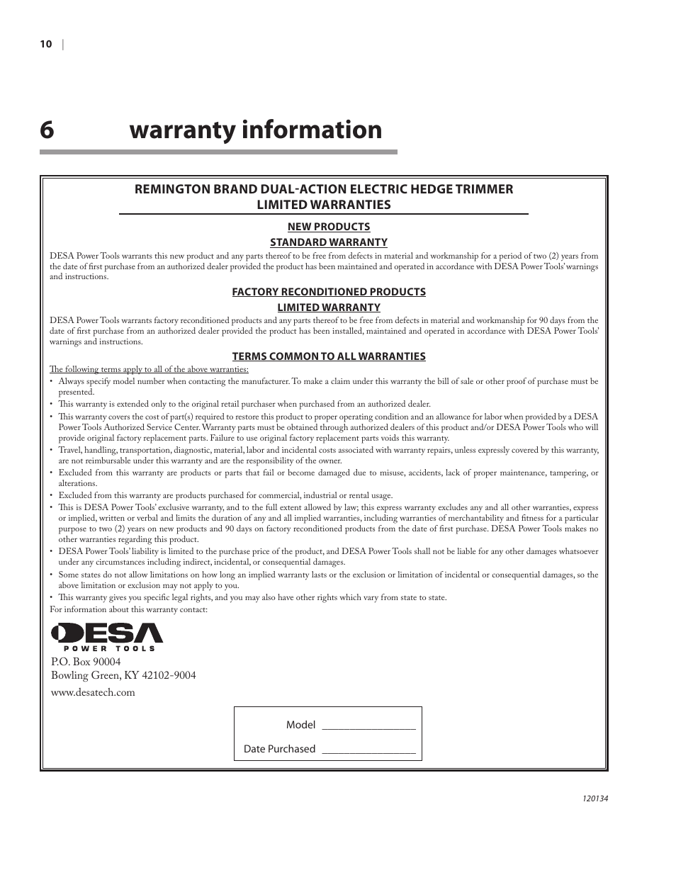 6warranty information | Remington Power Tools HT5024PHT User Manual | Page 14 / 40