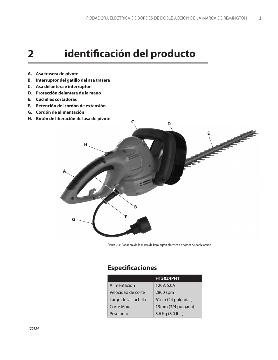 2identificación del producto, Especificaciones | Remington Power Tools HT5024PHT User Manual | Page 20 / 40