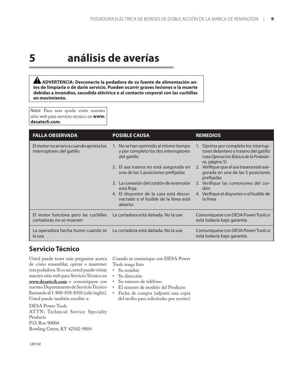 5análisis de averías, Servicio técnico | Remington Power Tools HT5024PHT User Manual | Page 26 / 40