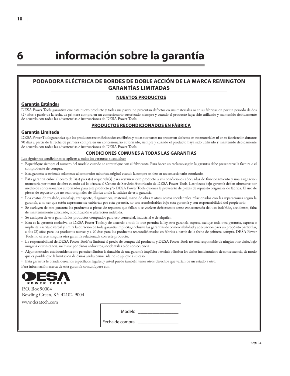 6información sobre la garantía | Remington Power Tools HT5024PHT User Manual | Page 27 / 40