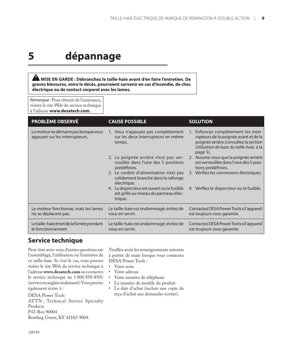 5dépannage, Service technique | Remington Power Tools HT5024PHT User Manual | Page 39 / 40