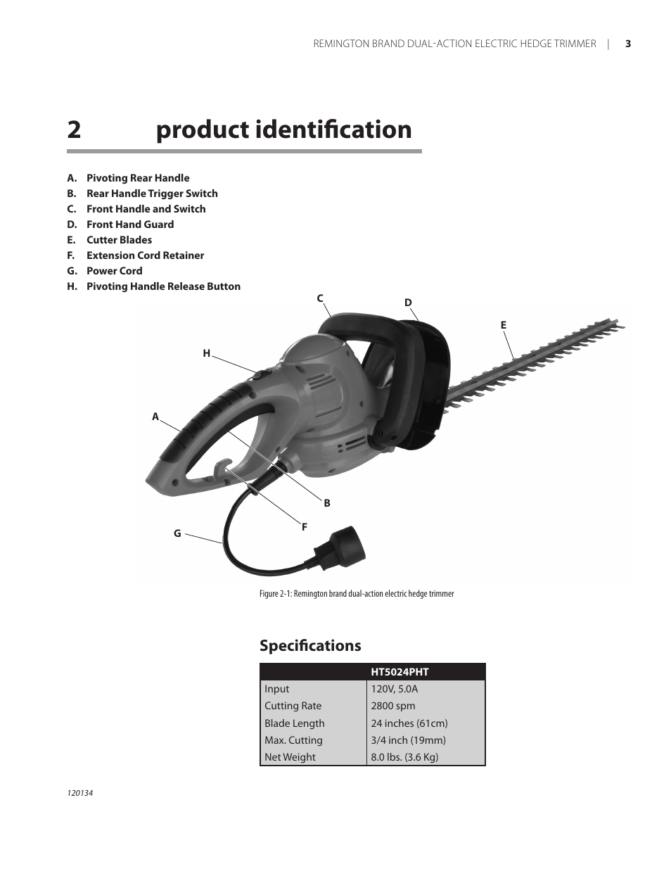 2product identification, Specifications | Remington Power Tools HT5024PHT User Manual | Page 7 / 40