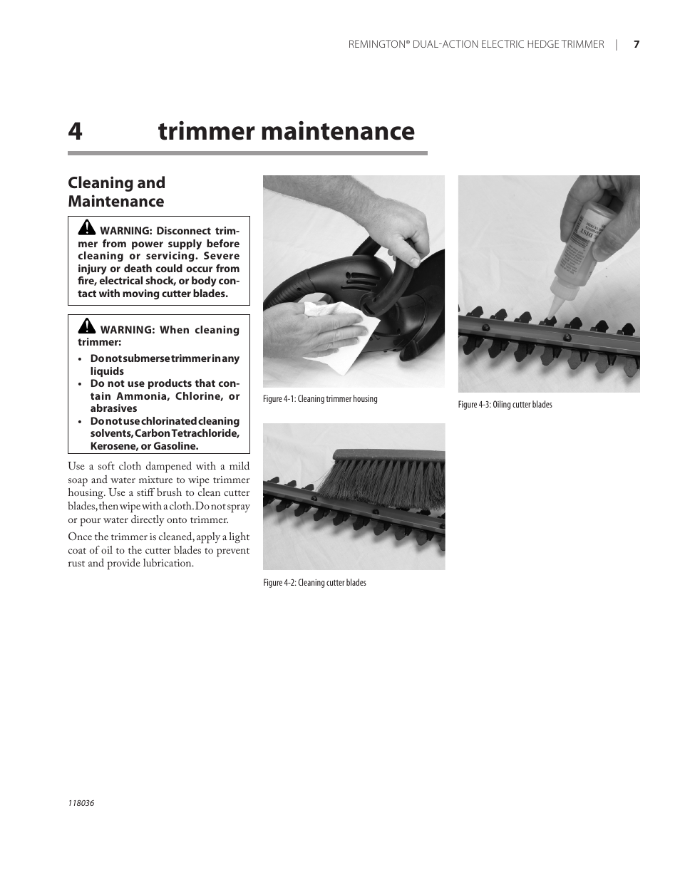 4trimmer maintenance, Cleaning and maintenance | Remington Power Tools HT3218A User Manual | Page 11 / 40