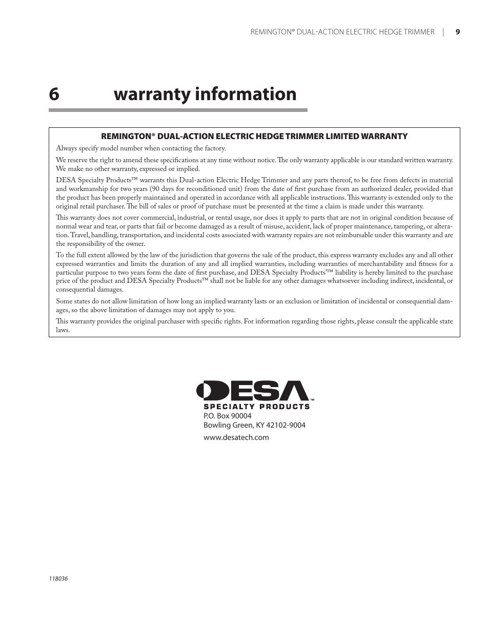 6warranty information | Remington Power Tools HT3218A User Manual | Page 13 / 40