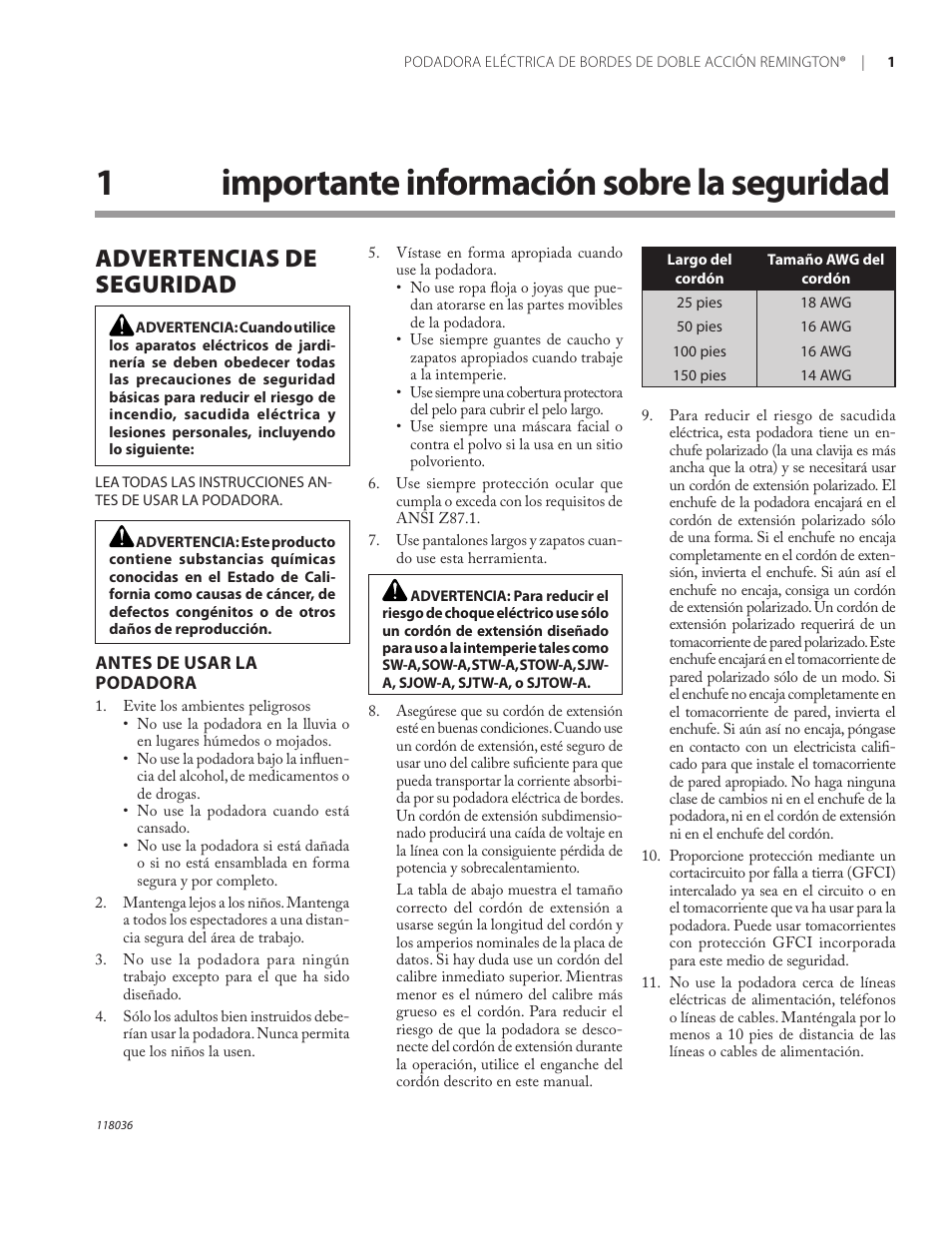 1importante información sobre la seguridad, Advertencias de seguridad | Remington Power Tools HT3218A User Manual | Page 19 / 40