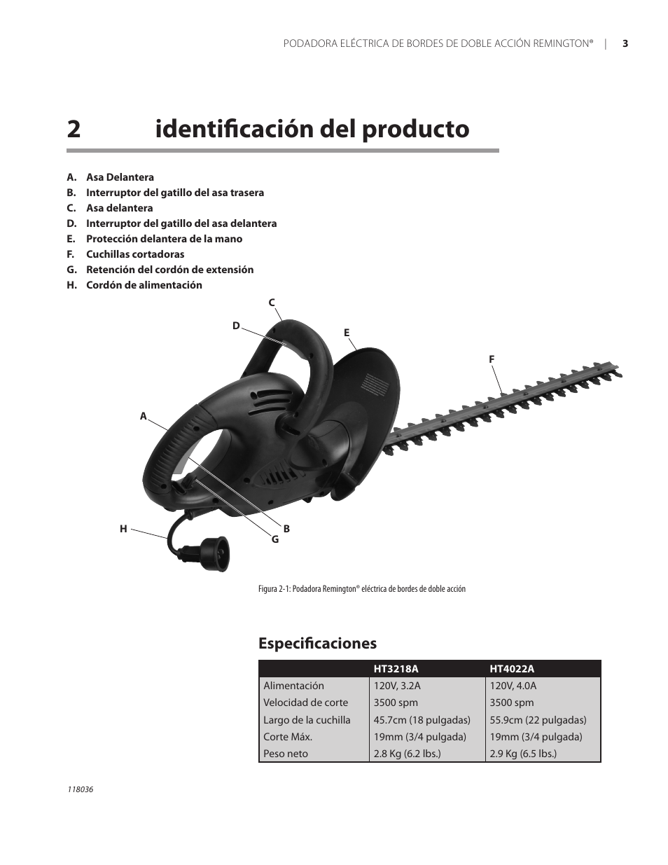 2identiﬁcación del producto, Especiﬁcaciones | Remington Power Tools HT3218A User Manual | Page 21 / 40