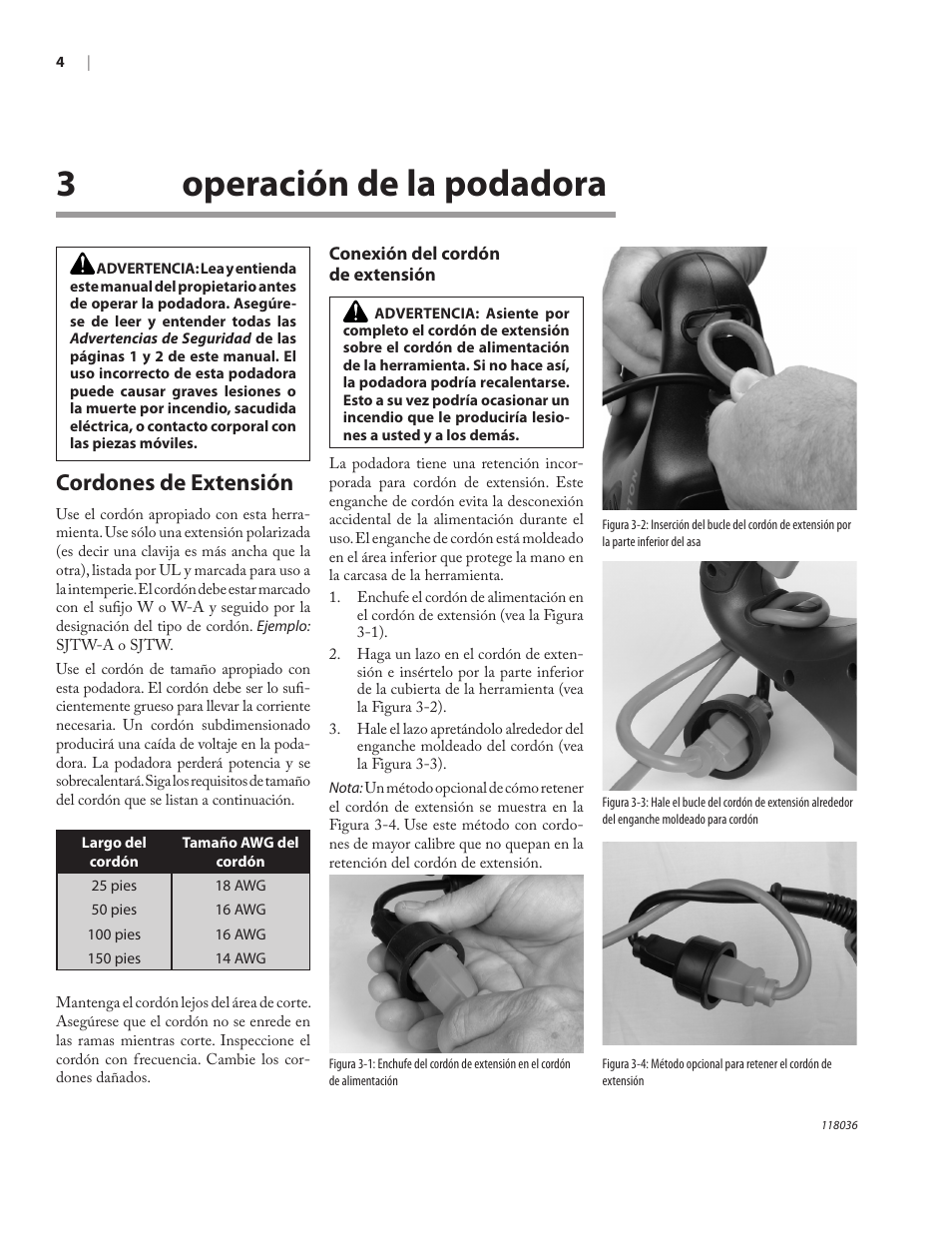 3operación de la podadora, Cordones de extensión | Remington Power Tools HT3218A User Manual | Page 22 / 40