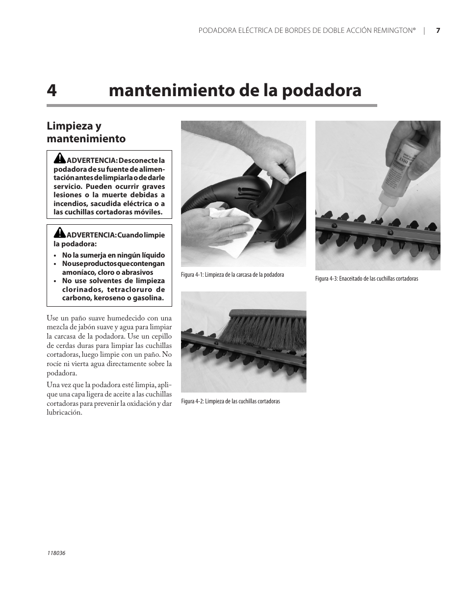 4mantenimiento de la podadora, Limpieza y mantenimiento | Remington Power Tools HT3218A User Manual | Page 25 / 40