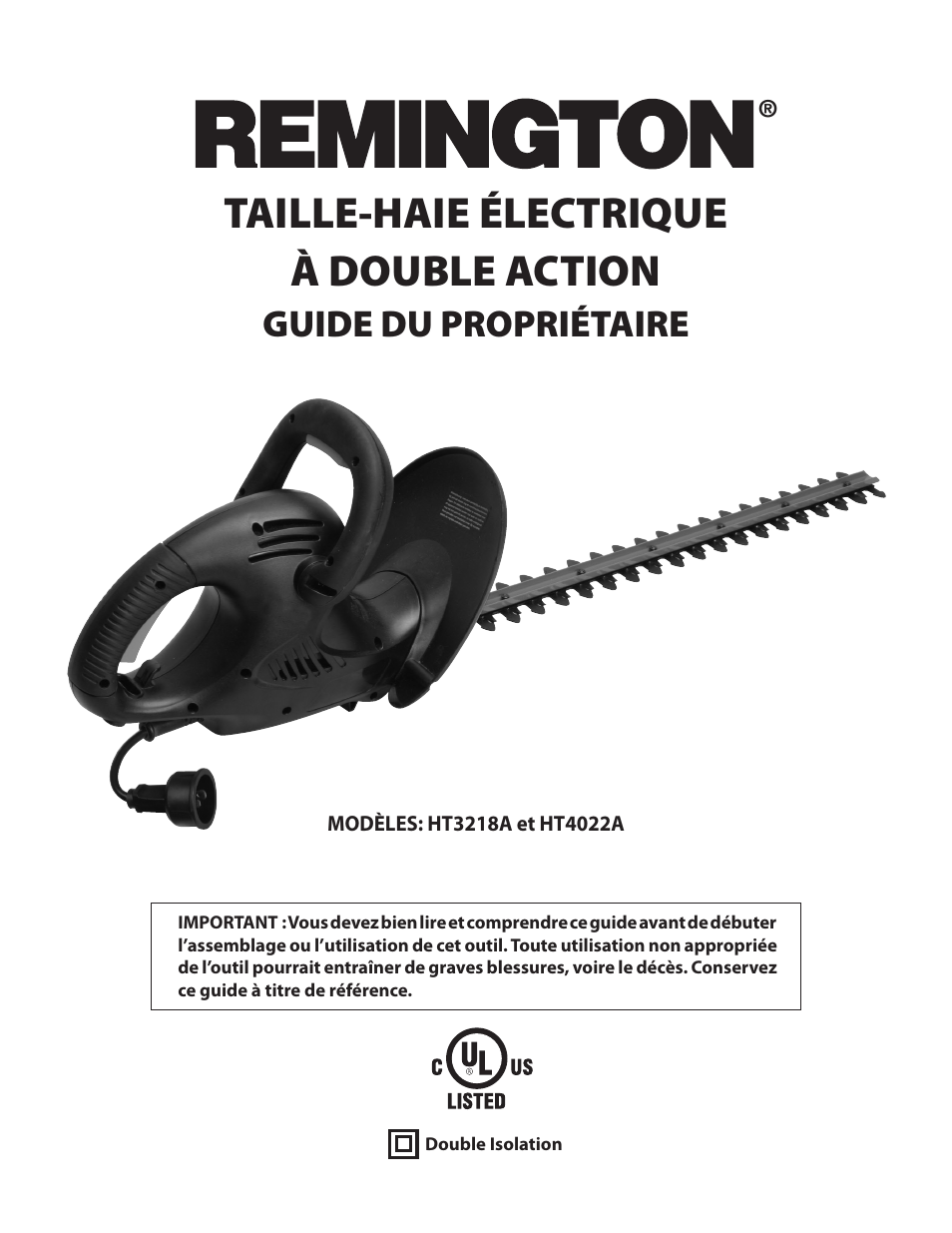 Taille-haie électrique à double action, Guide du propriétaire | Remington Power Tools HT3218A User Manual | Page 29 / 40