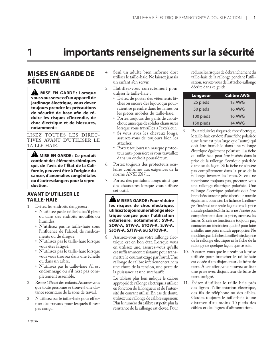 1importants renseignements sur la sécurité, Mises en garde de sécurité | Remington Power Tools HT3218A User Manual | Page 32 / 40