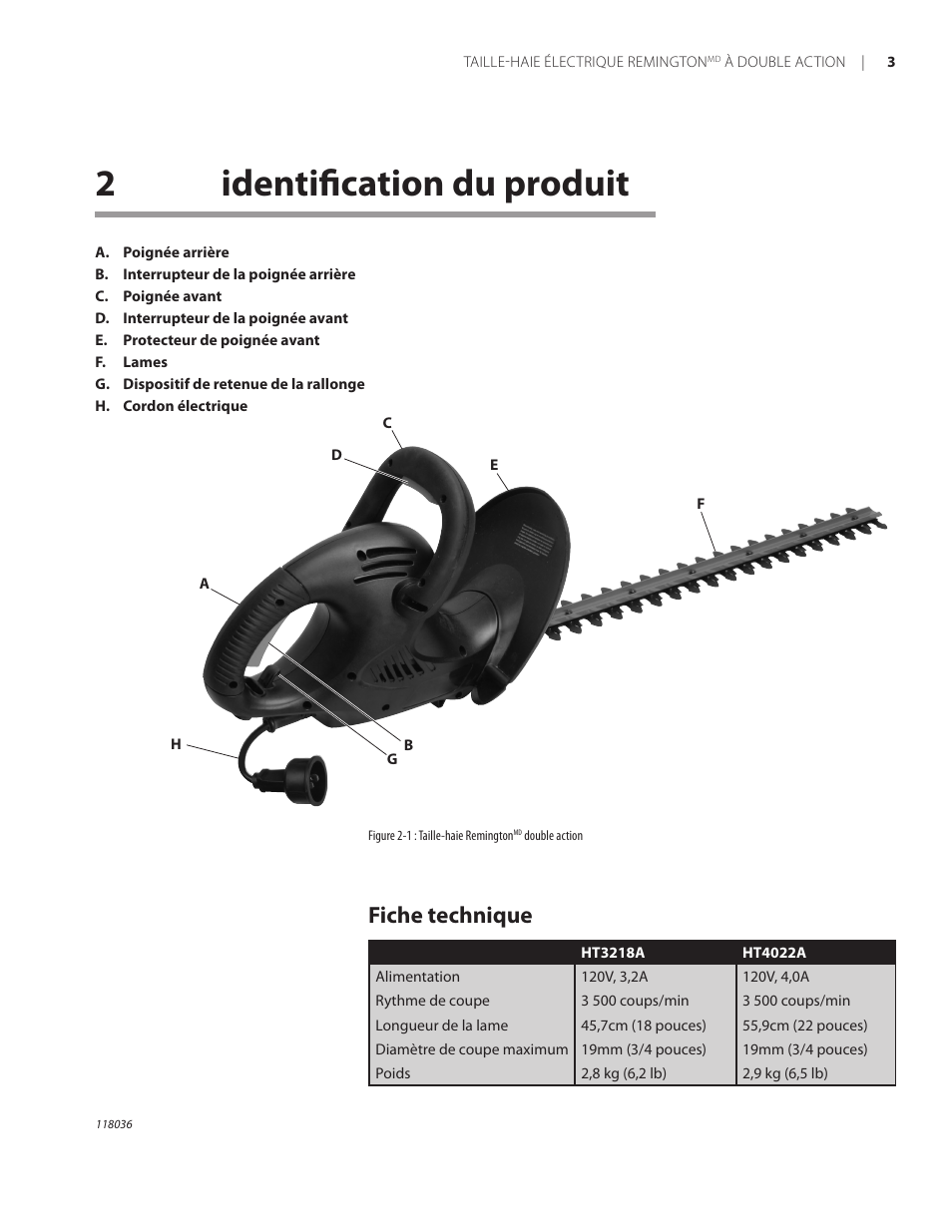 2identiﬁcation du produit, Fiche technique | Remington Power Tools HT3218A User Manual | Page 34 / 40