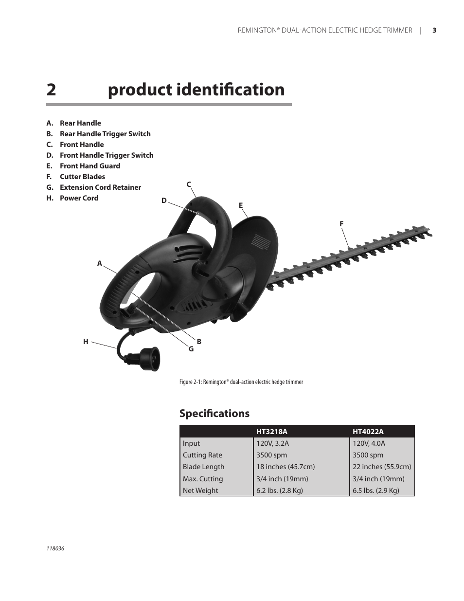 2product identiﬁcation, Speciﬁcations | Remington Power Tools HT3218A User Manual | Page 7 / 40