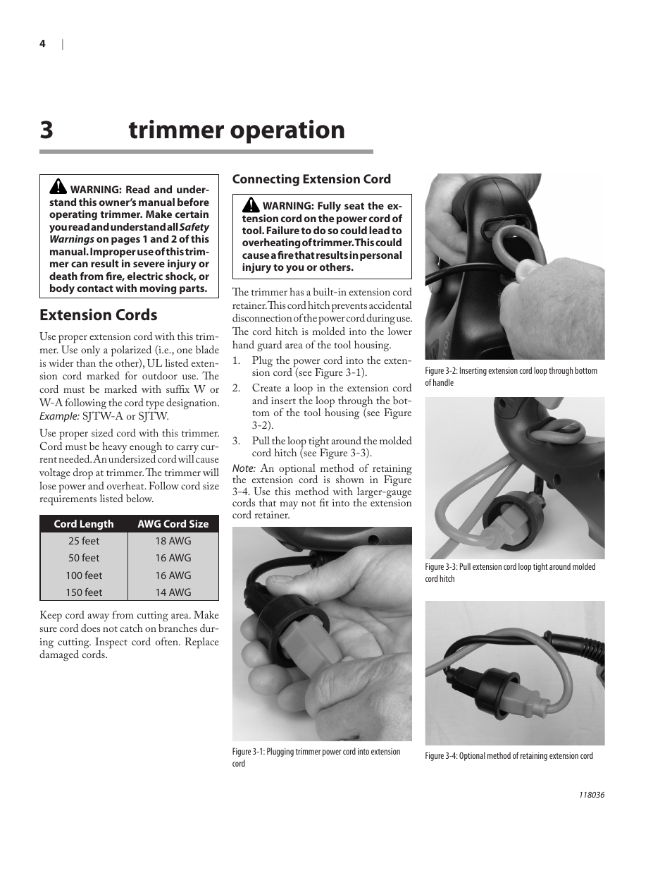 Trimmer operation, 3trimmer operation, Extension cords | Remington Power Tools HT3218A User Manual | Page 8 / 40