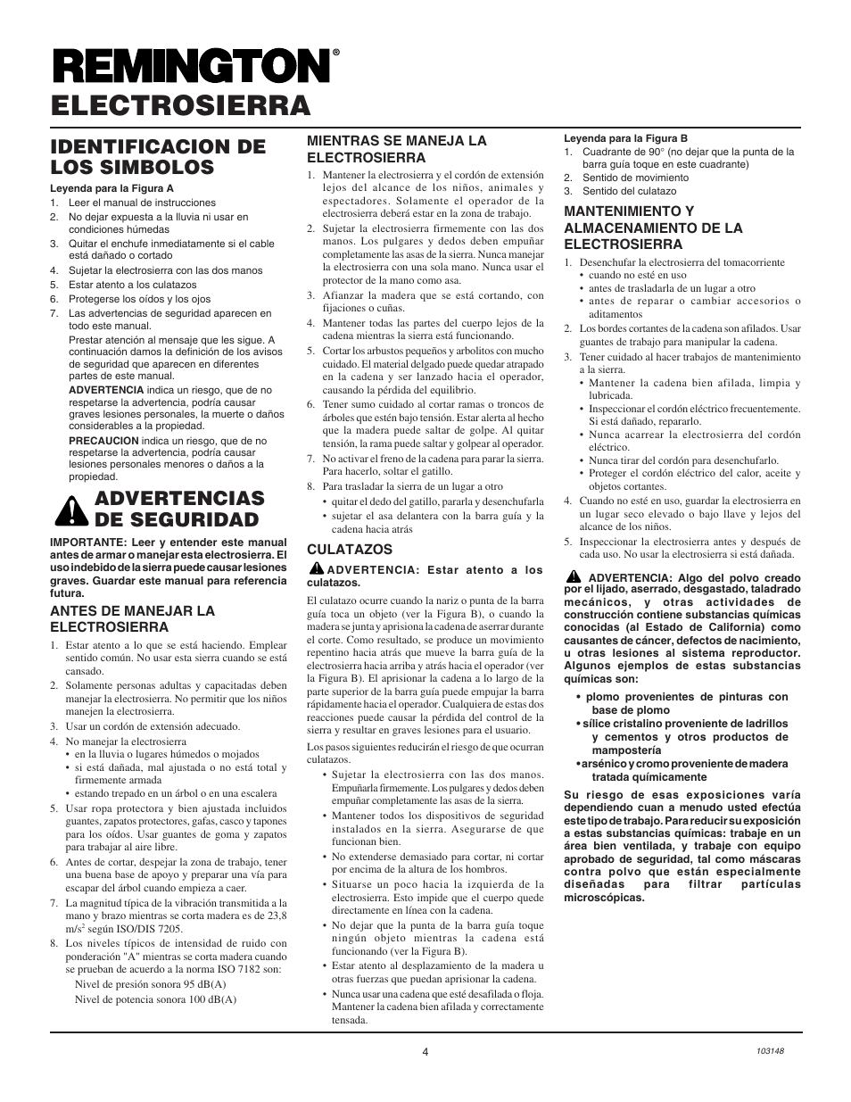 Electrosierra, Advertencias de seguridad, Identificacion de los simbolos | Remington Power Tools LNT-2 User Manual | Page 12 / 18