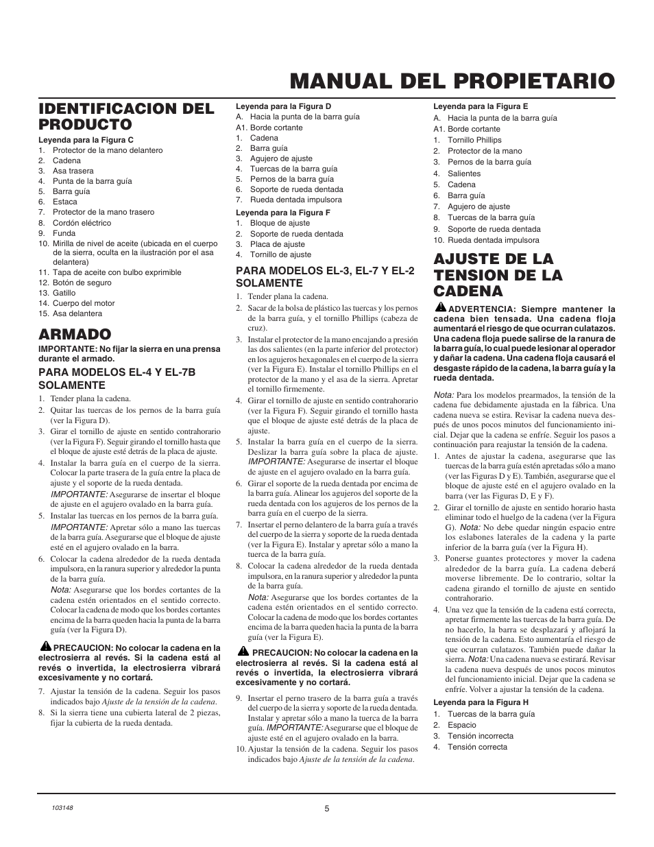 Manual del propietario, Ajuste de la tension de la cadena, Armado | Identificacion del producto | Remington Power Tools LNT-2 User Manual | Page 13 / 18