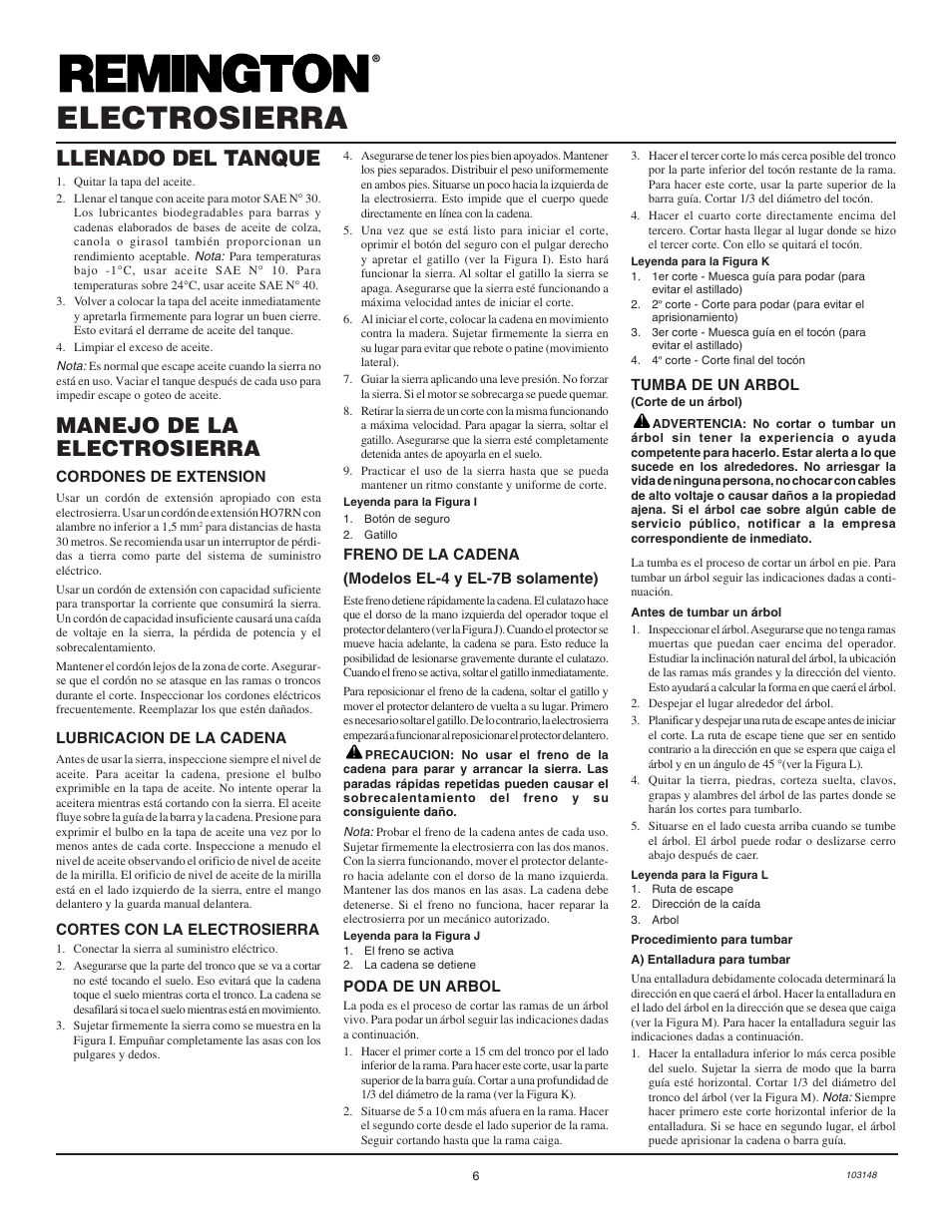 Electrosierra, Manejo de la electrosierra, Llenado del tanque | Remington Power Tools LNT-2 User Manual | Page 14 / 18