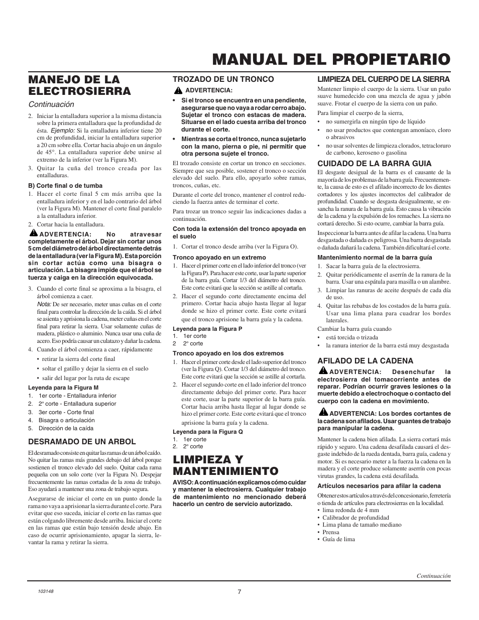 Manual del propietario, Limpieza y mantenimiento, Manejo de la electrosierra | Remington Power Tools LNT-2 User Manual | Page 15 / 18