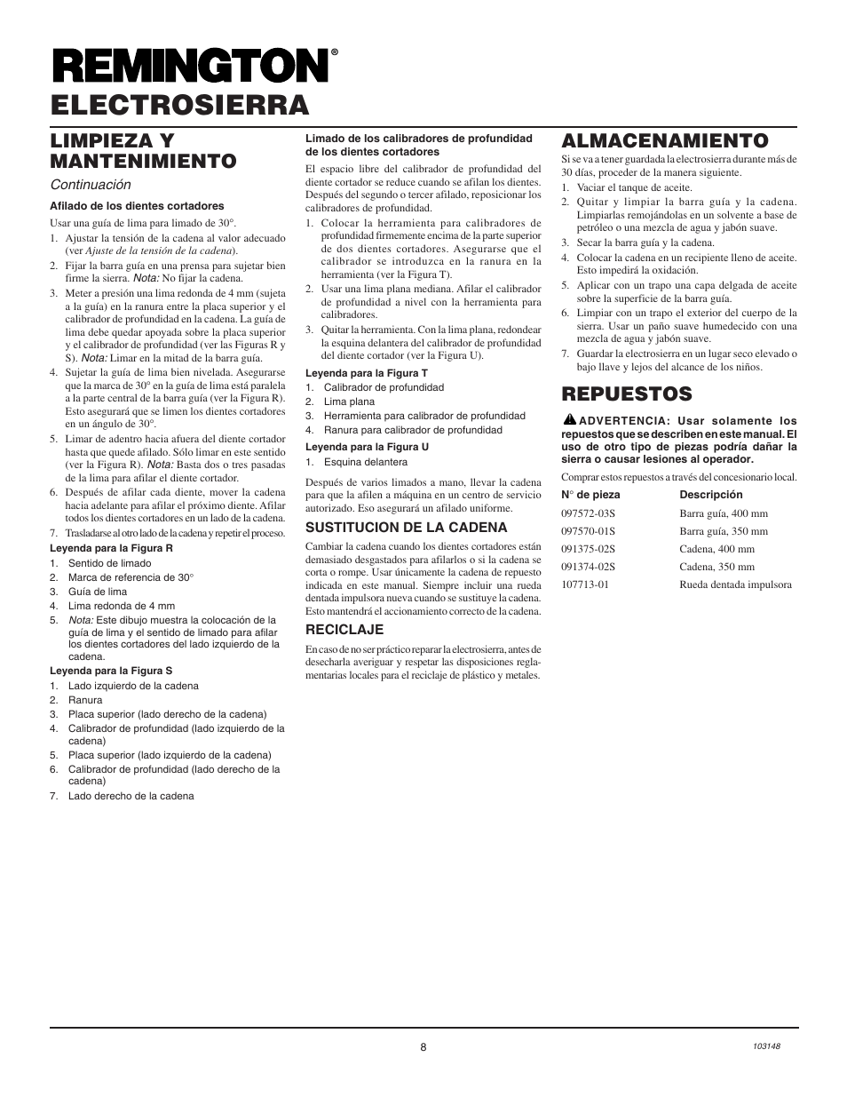 Electrosierra, Almacenamiento, Repuestos | Limpieza y mantenimiento | Remington Power Tools LNT-2 User Manual | Page 16 / 18