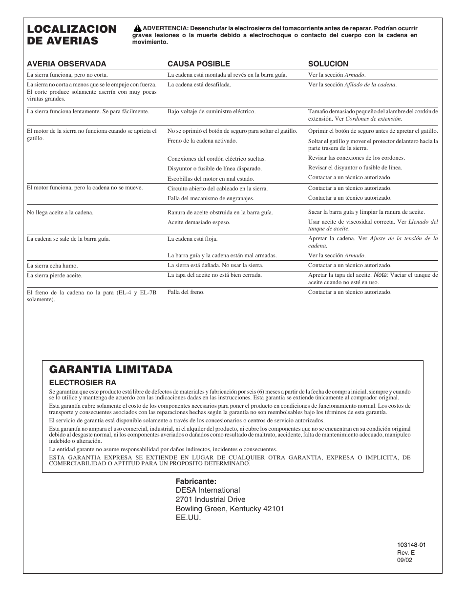 Garantia limitada, Localizacion de averias | Remington Power Tools LNT-2 User Manual | Page 18 / 18