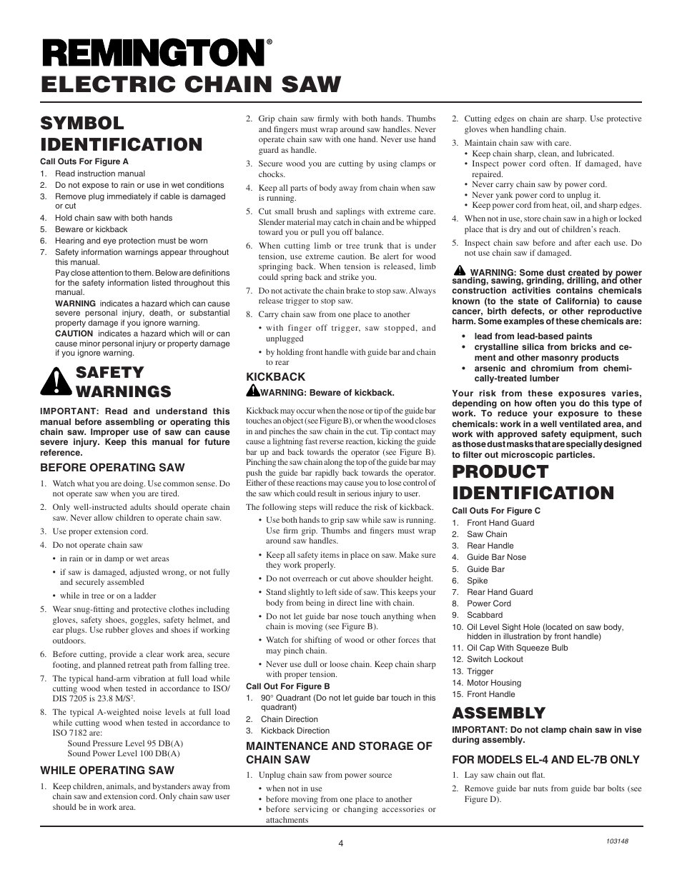 Electric chain saw, Product identification, Symbol identification | Assembly, Safety warnings | Remington Power Tools LNT-2 User Manual | Page 4 / 18