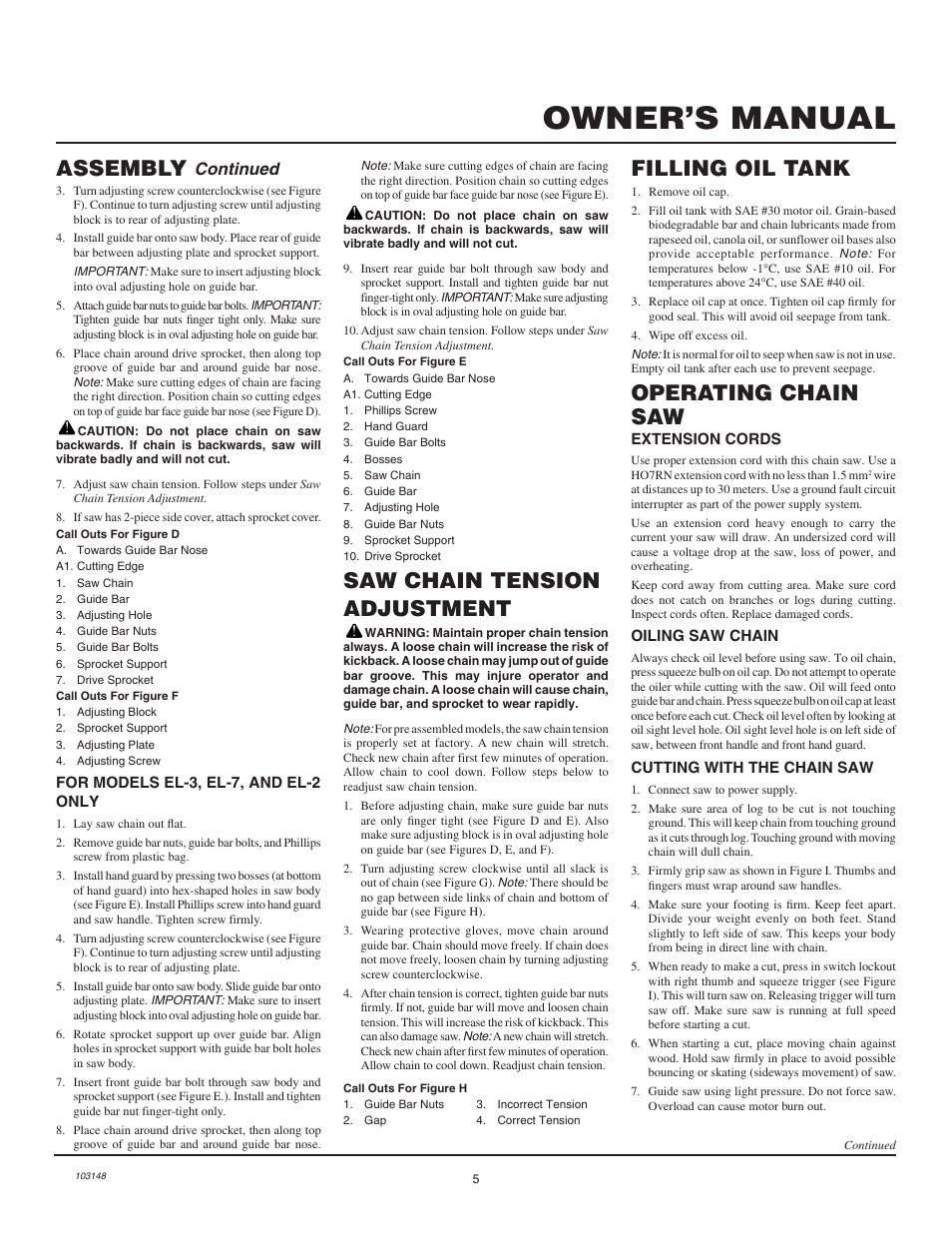 Owner’s manual, Saw chain tension adjustment, Filling oil tank | Operating chain saw, Assembly, Continued | Remington Power Tools LNT-2 User Manual | Page 5 / 18