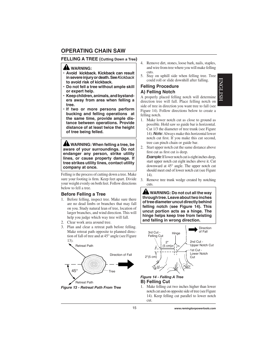 English, Operating chain saw | Remington Power Tools M15014AS User Manual | Page 15 / 76