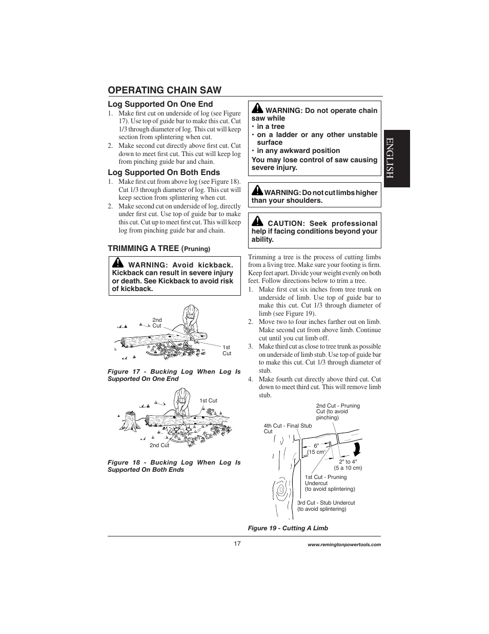 English, Operating chain saw | Remington Power Tools M15014AS User Manual | Page 17 / 76