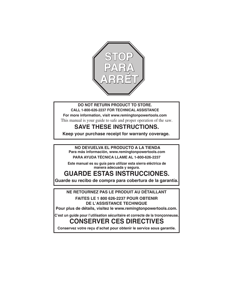 Stop, Stop para para arrét arrét, Conserver ces directives | Guarde estas instrucciones | Remington Power Tools M15014AS User Manual | Page 2 / 76