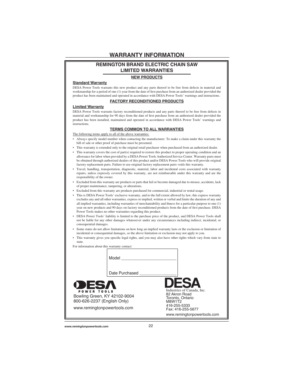 Warranty information | Remington Power Tools M15014AS User Manual | Page 22 / 76