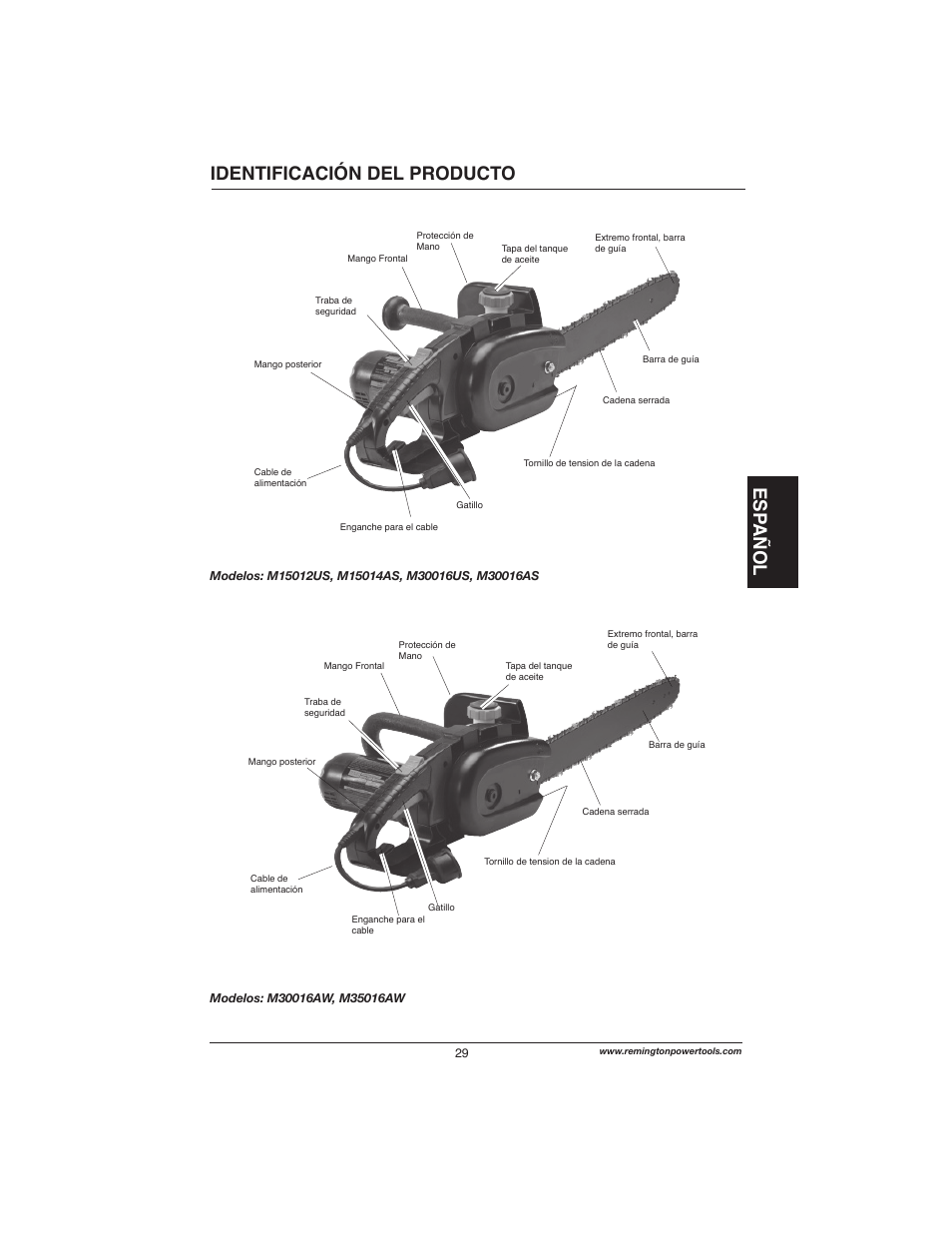 Esp añol identificación del producto | Remington Power Tools M15014AS User Manual | Page 29 / 76