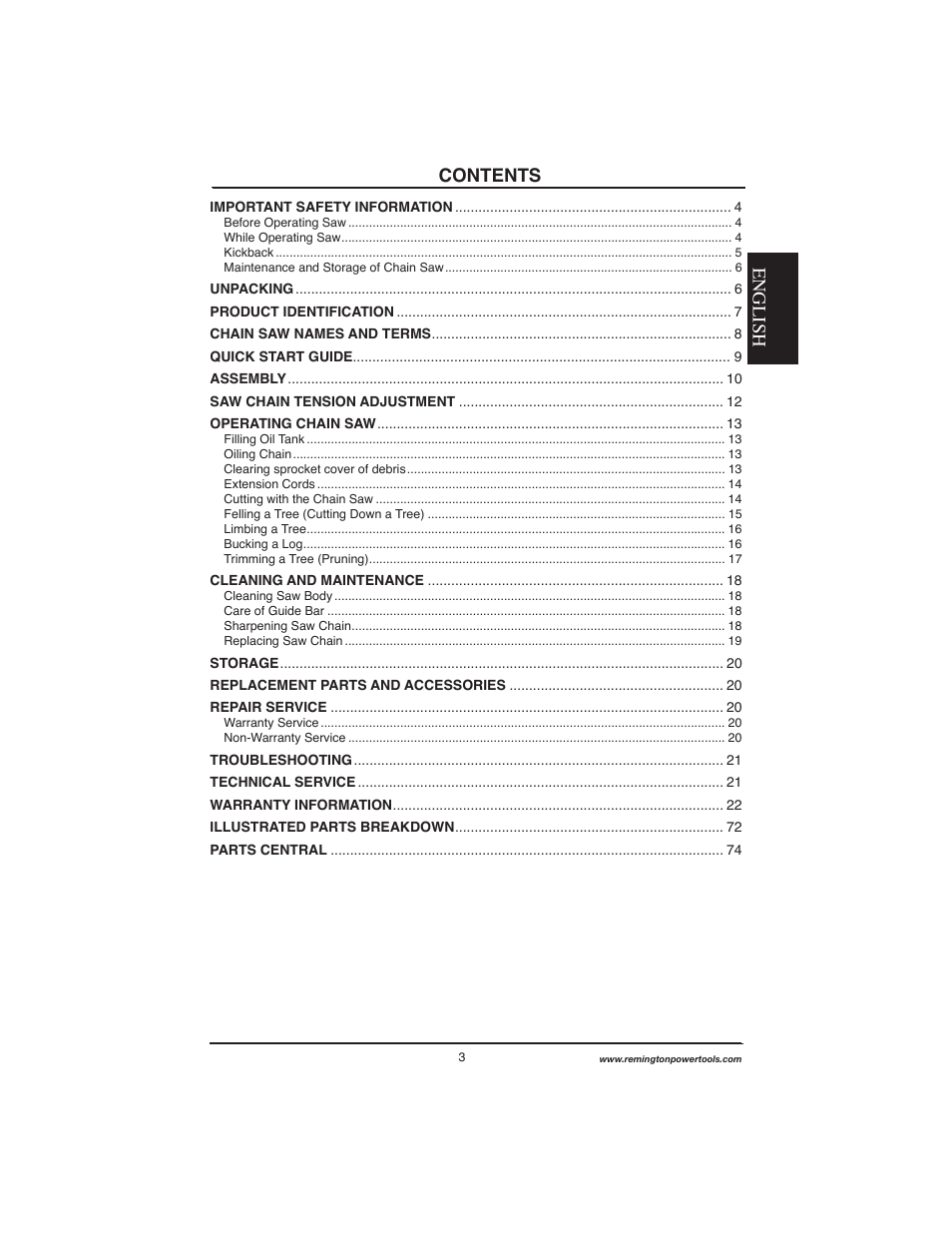 English contents | Remington Power Tools M15014AS User Manual | Page 3 / 76