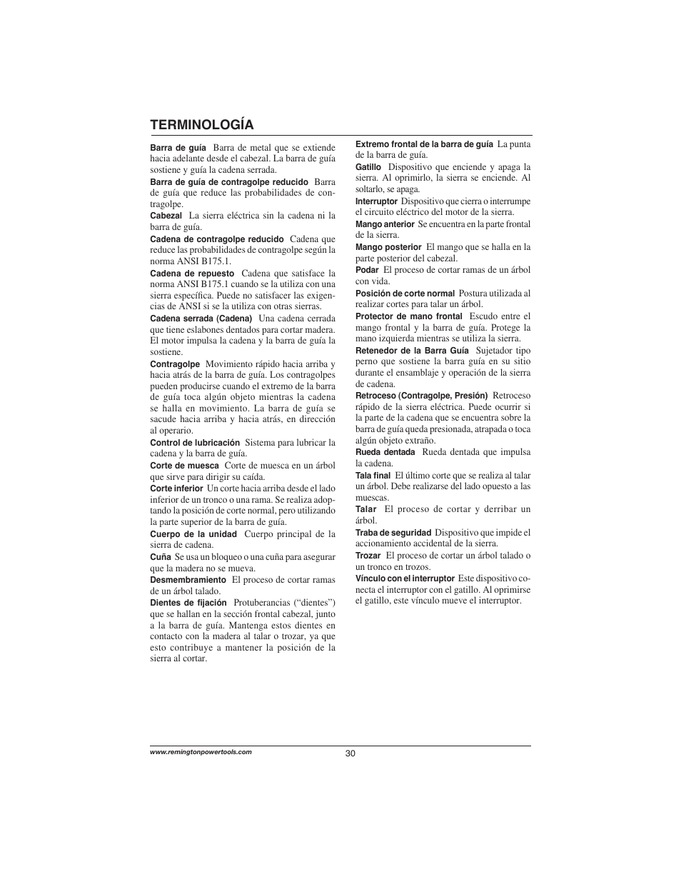 Terminología | Remington Power Tools M15014AS User Manual | Page 30 / 76