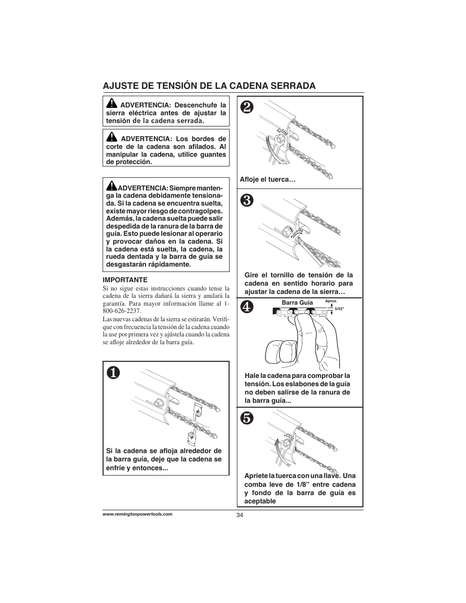 Ajuste de tensión de la cadena serrada | Remington Power Tools M15014AS User Manual | Page 34 / 76