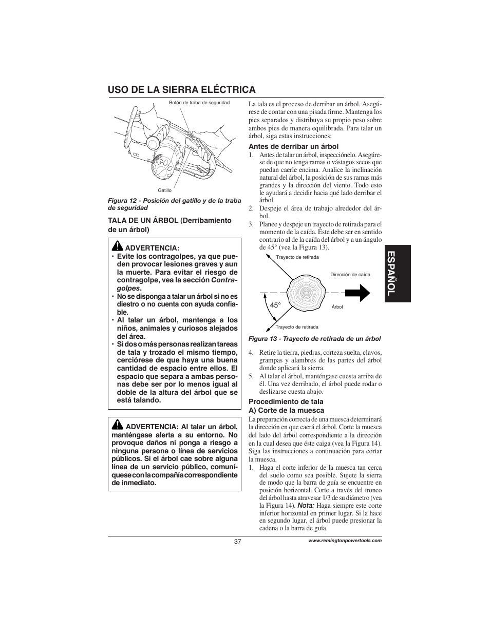 Esp añol, Uso de la sierra eléctrica | Remington Power Tools M15014AS User Manual | Page 37 / 76