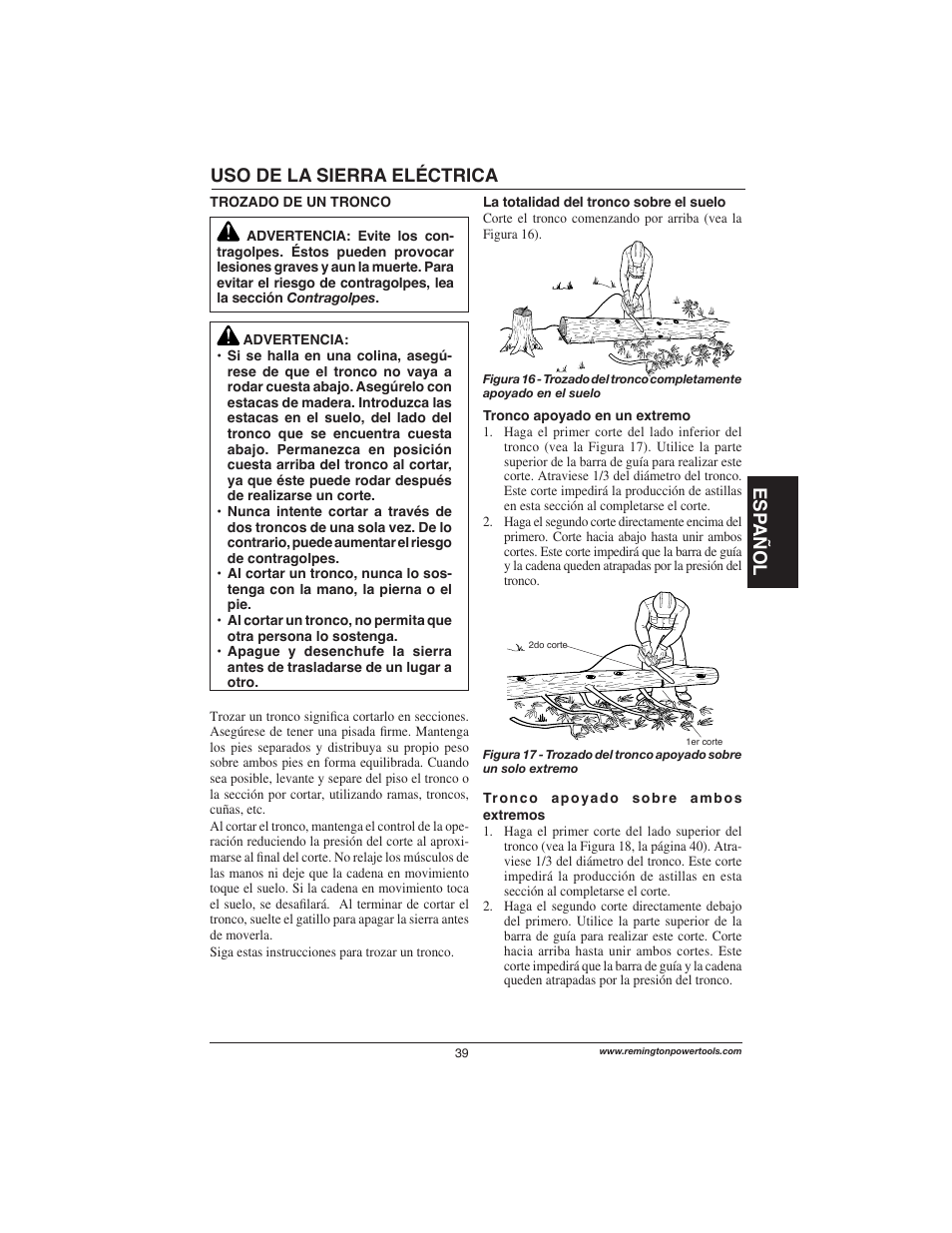 Esp añol uso de la sierra eléctrica | Remington Power Tools M15014AS User Manual | Page 39 / 76