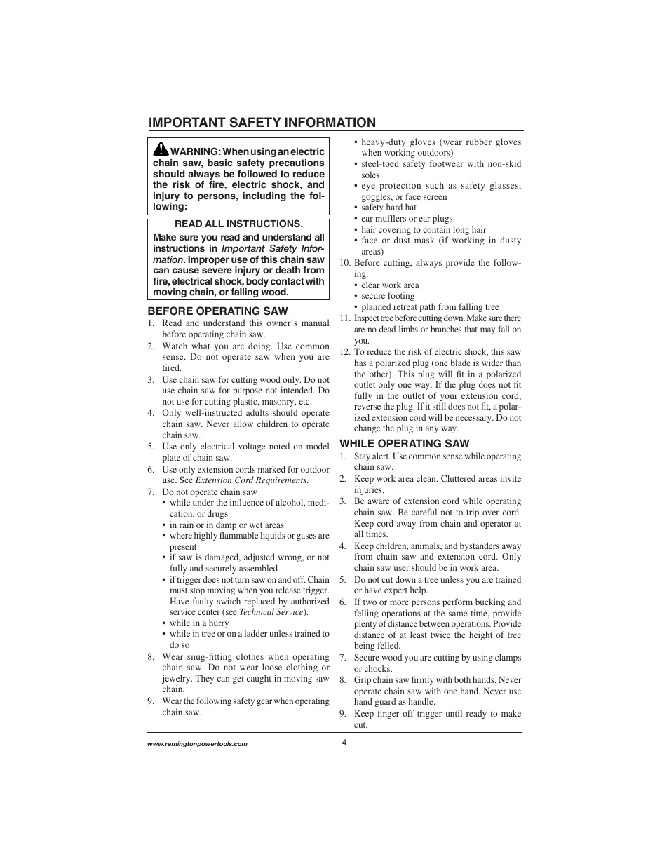English important safety information | Remington Power Tools M15014AS User Manual | Page 4 / 76