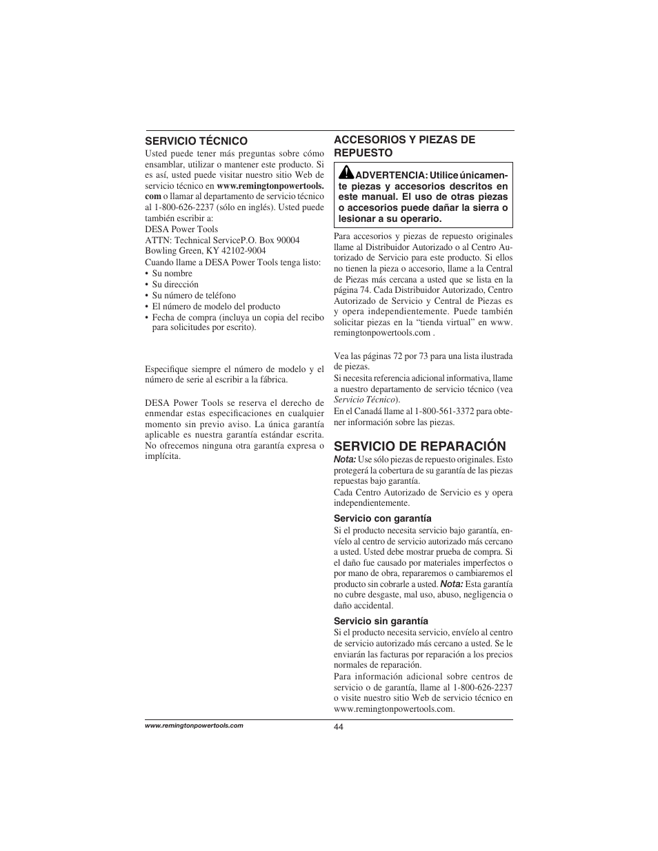 Servicio de reparación | Remington Power Tools M15014AS User Manual | Page 44 / 76