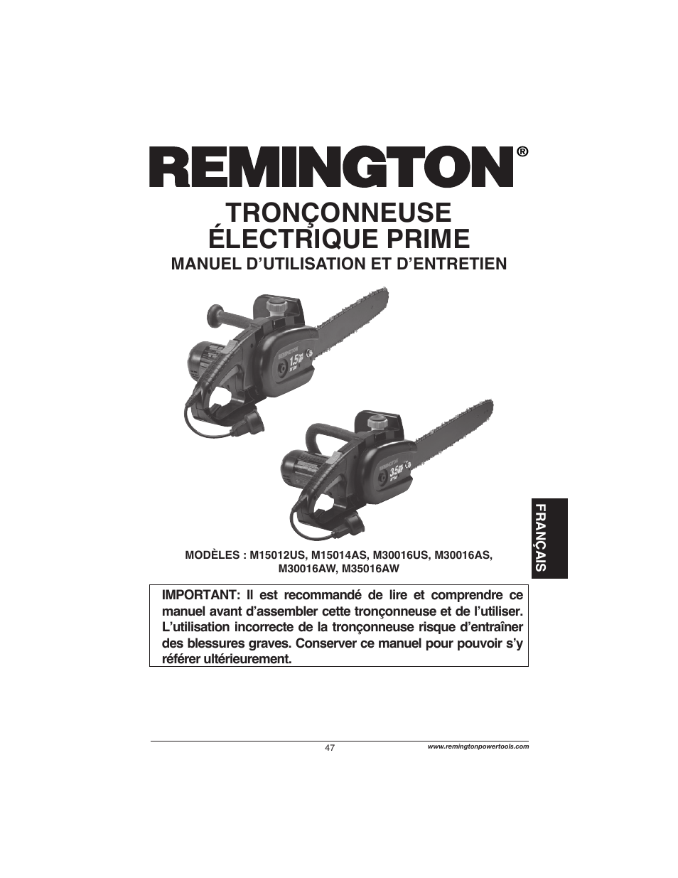 Tronçonneuse électrique prime | Remington Power Tools M15014AS User Manual | Page 47 / 76