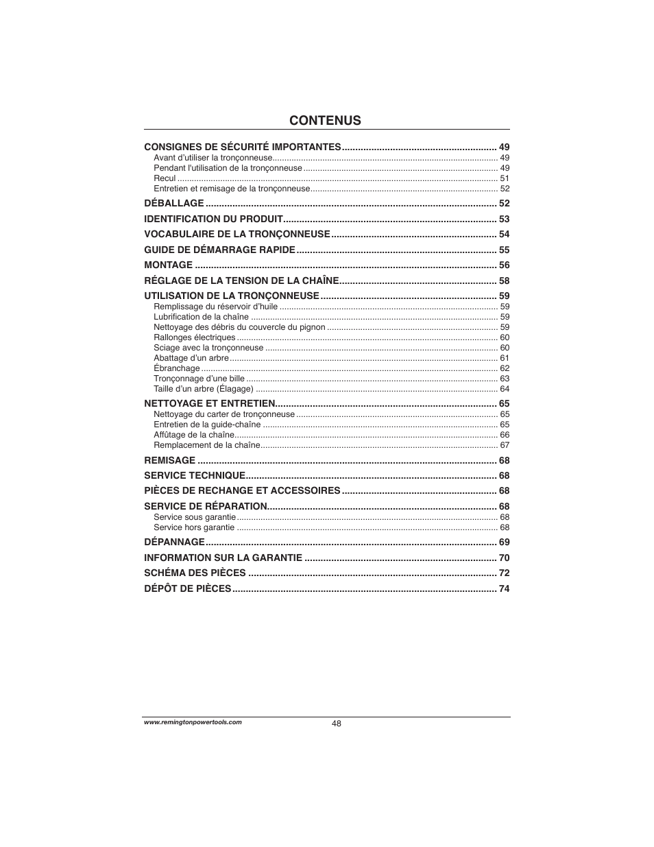 Contenus | Remington Power Tools M15014AS User Manual | Page 48 / 76