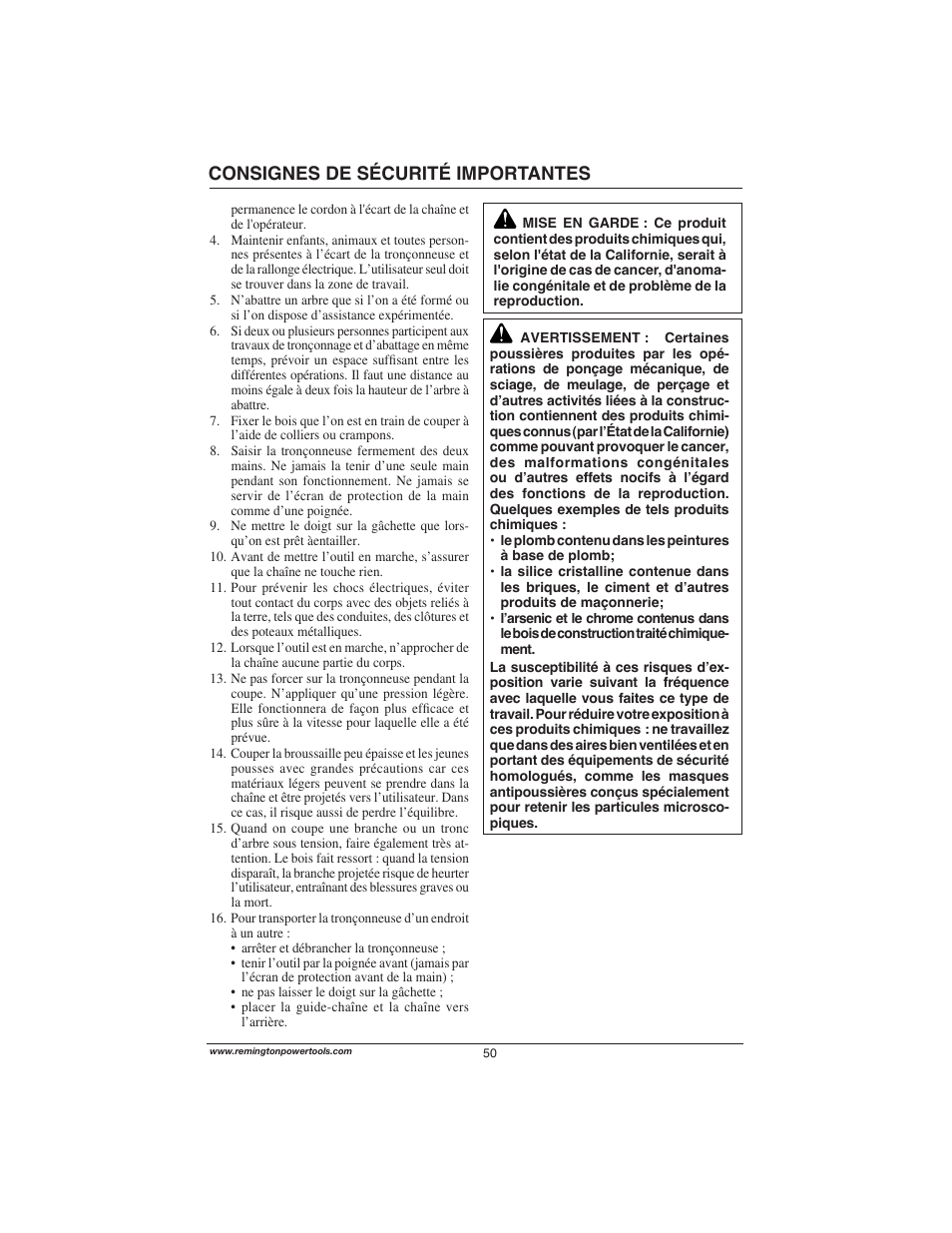 Consignes de sécurité importantes | Remington Power Tools M15014AS User Manual | Page 50 / 76