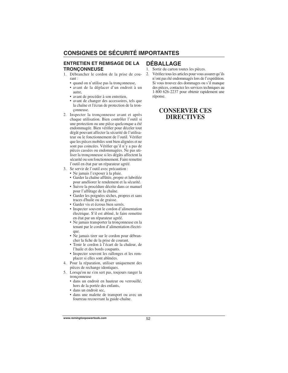 Conserver ces directives, Consignes de sécurité importantes déballage | Remington Power Tools M15014AS User Manual | Page 52 / 76