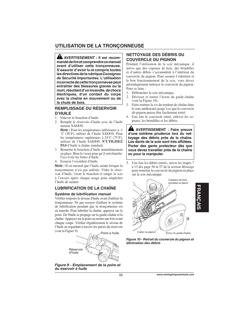 Français, Utilisation de la tronçonneuse | Remington Power Tools M15014AS User Manual | Page 59 / 76