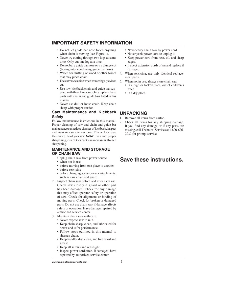 Save these instructions, Unpacking, Important safety information | Remington Power Tools M15014AS User Manual | Page 6 / 76