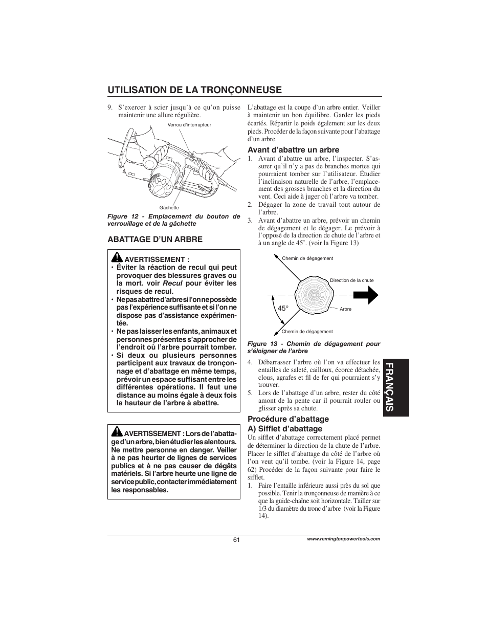 Français, Utilisation de la tronçonneuse | Remington Power Tools M15014AS User Manual | Page 61 / 76