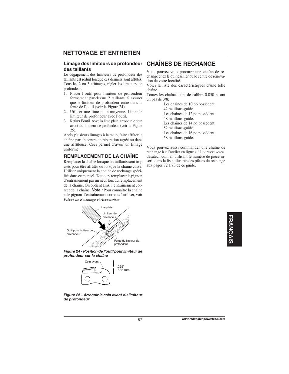 Français, Chaînes de rechange nettoyage et entretien | Remington Power Tools M15014AS User Manual | Page 67 / 76
